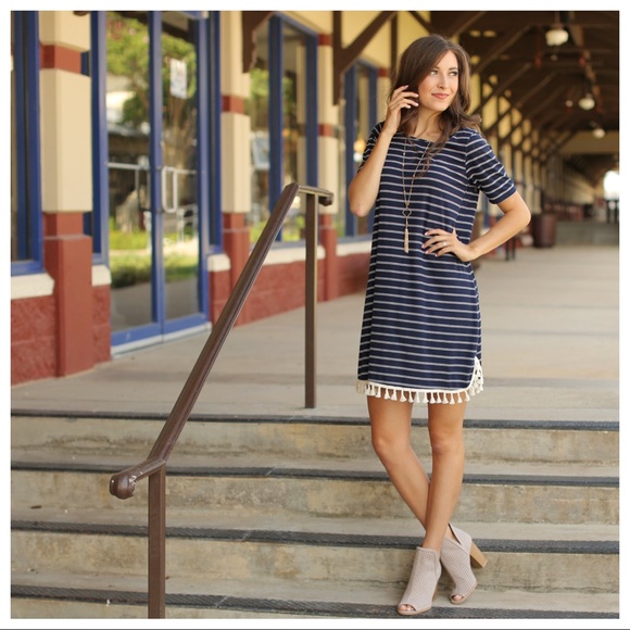 ✨LAST ONE✨Navy striped tassel trim dress - Picture 2 of 5